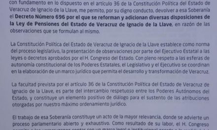 El Gobernador Yunes envió al Congreso observaciones a la Ley del Instituto de Pensiones del Estado