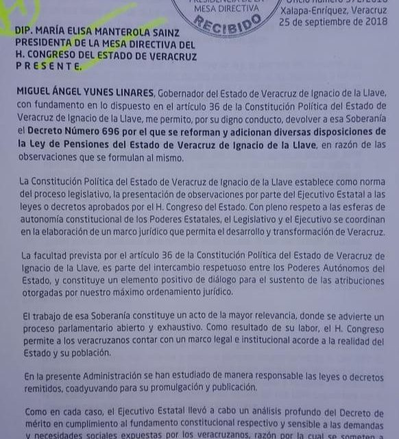 El Gobernador Yunes envió al Congreso observaciones a la Ley del Instituto de Pensiones del Estado