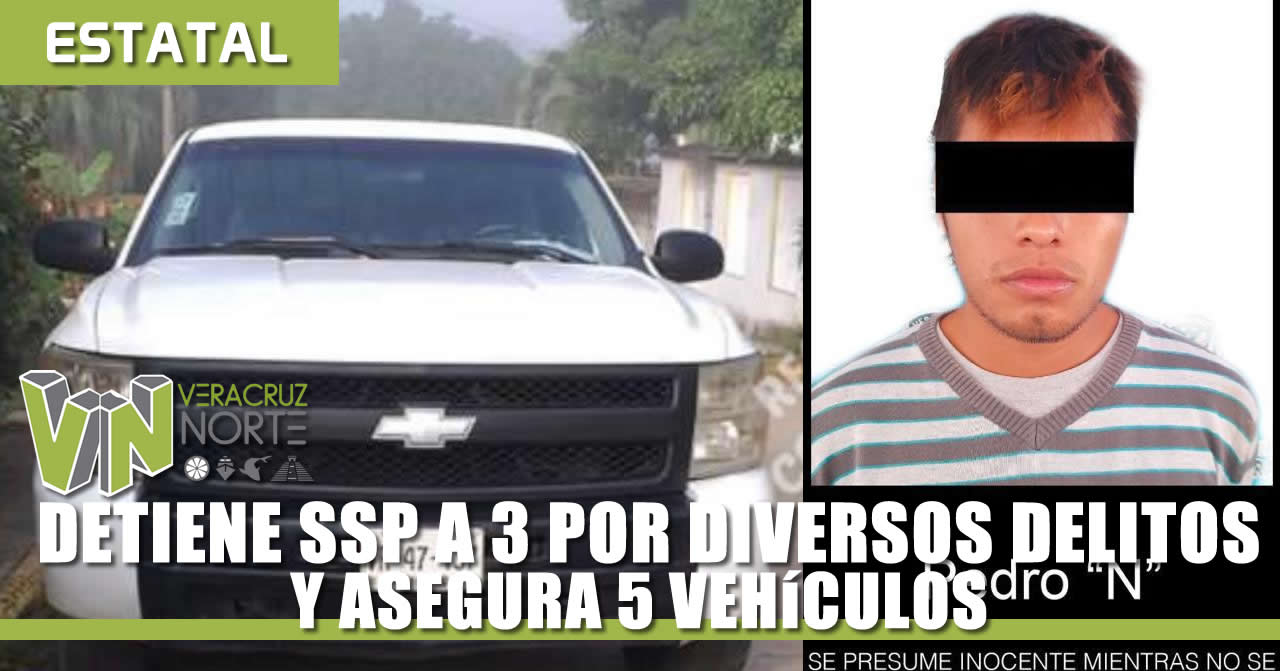 Detiene Seguridad Pública a 3 por diversos delitos y asegura 5 vehículos