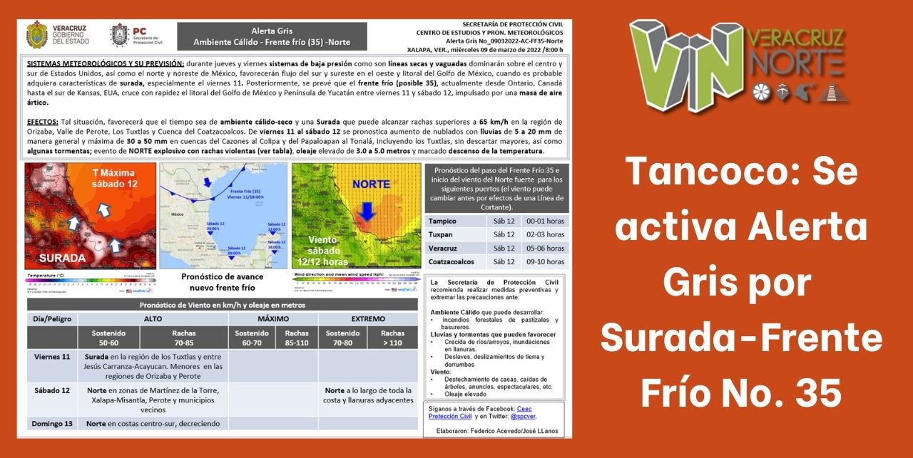Tancoco: Se activa Alerta Gris por Surada-Frente Frío No. 35