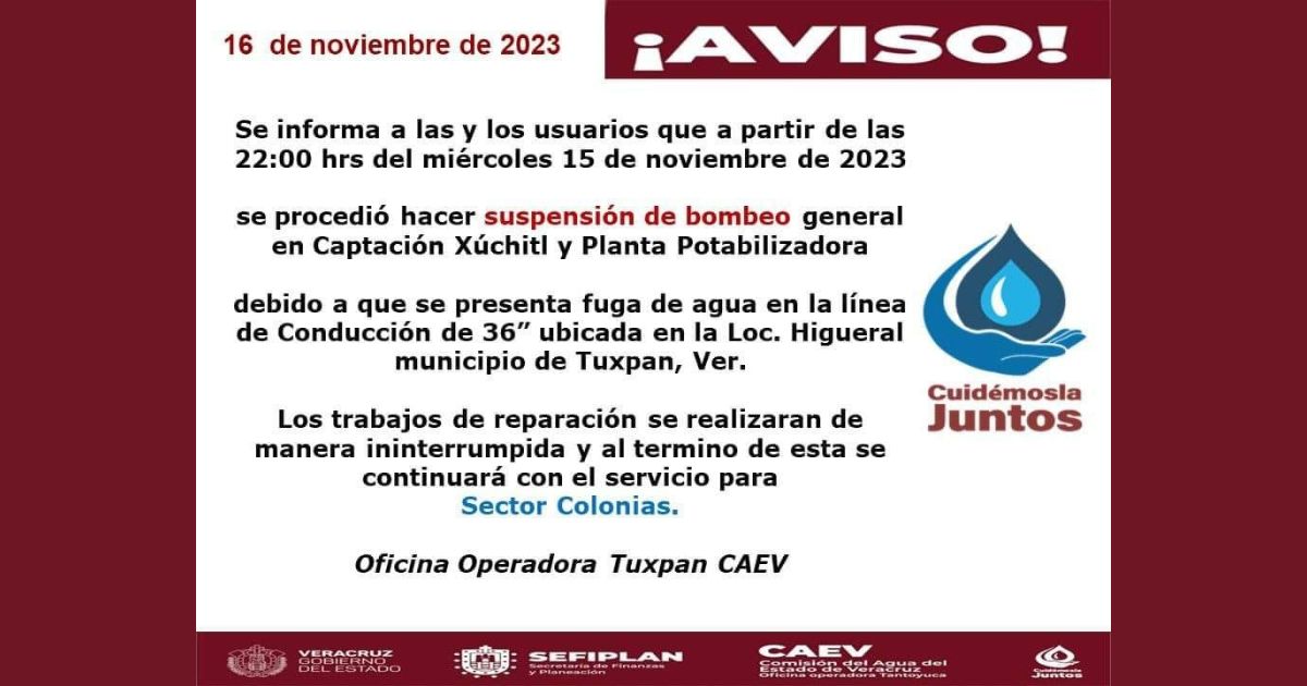 Se restablece el suministro de agua en Tuxpan