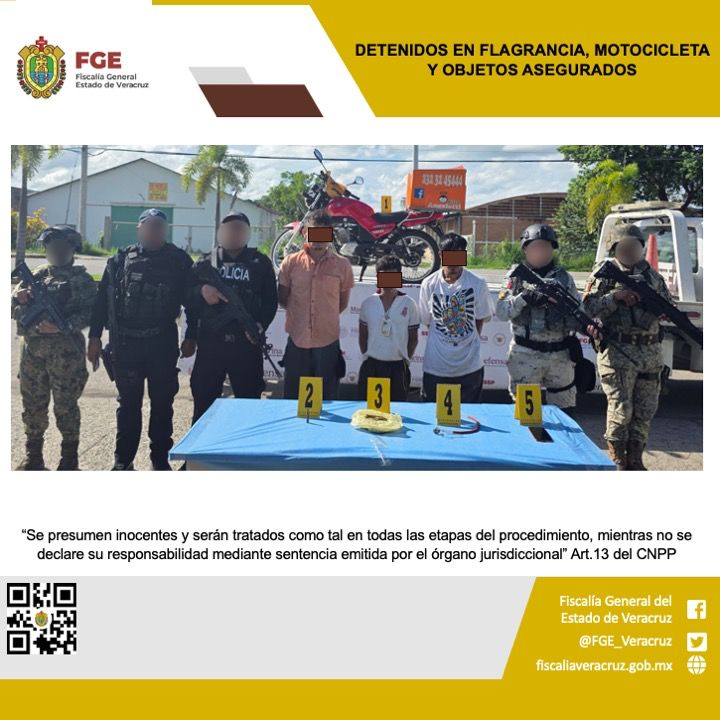 Tres personas detenidas, una motocicleta y varios objetos asegurados tras cateo en Martínez de la Torre