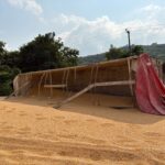 Vuelca tráiler con alimento para cerdo en Tihuatlán